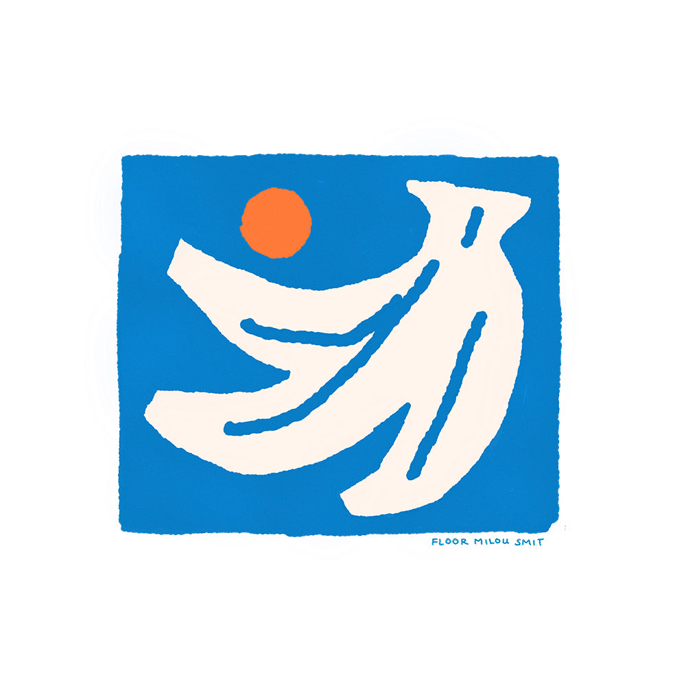 A detailed image of the illustration of an off-white hand of bananas with an orange circle next to them on a blue square background.